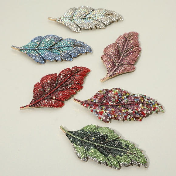 Red Rhinestone Crystal 4.2" Luxury Flower Leaf Feather Pin Statement Brooch - Picture 4 of 4